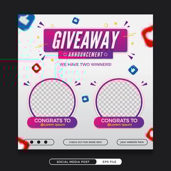 Giveaway winner announcement social media template with 3d elements vector