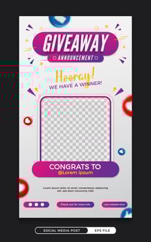 Giveaway winner announcement social media story post template vector