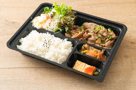 Japanese rice with pork yaki bento set photo