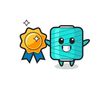 yarn spool mascot illustration holding a golden badge vector
