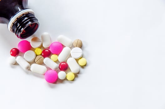 Close up of pills and drug, Pack of tablet drug and capsule pills. photo