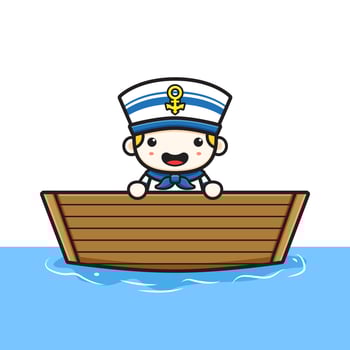 Cute sailor get on the boat cartoon icon illustration vector