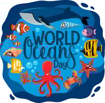 World Ocean Day banner with many different sea animals vector
