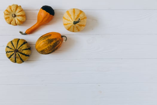Pumpkins on white wooden background top view. Autumn composition. photo