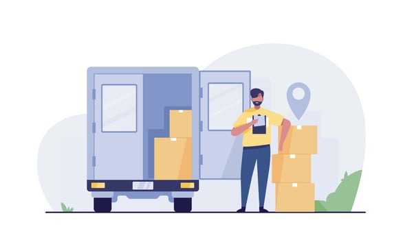 Delivery courier man. delivery truck with parcel. vector
