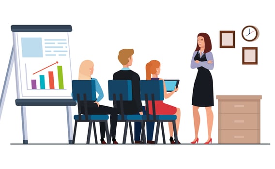 business people meeting with infographics presentation in workplace vector