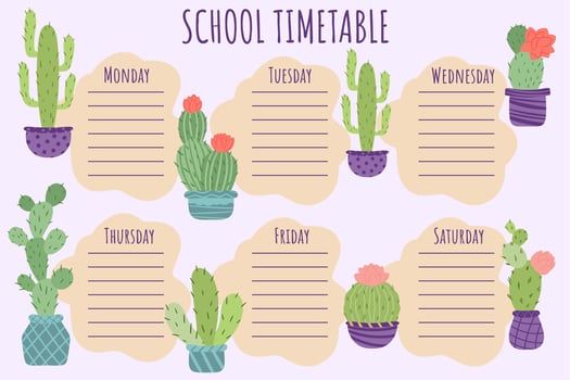 School Timetable. Weekly schedule vector template for school students.