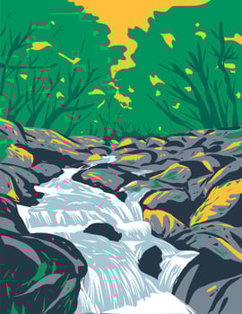 Becky Falls Becka Falls on Dartmoor National Park UK Art Deco WPA Art vector