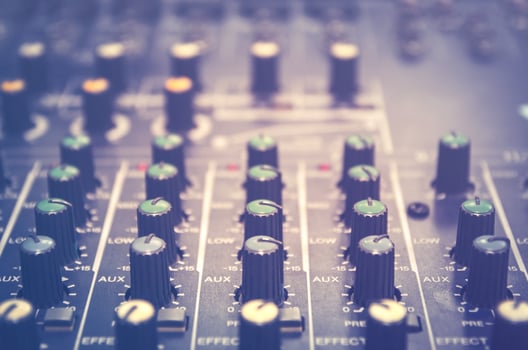 Audio mixer console and sound mixing with buttons and sliders. photo