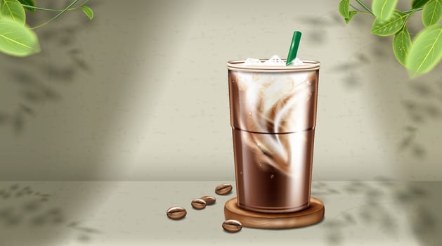Iced coffee latte in plastic cup on wall and leaves background. vector
