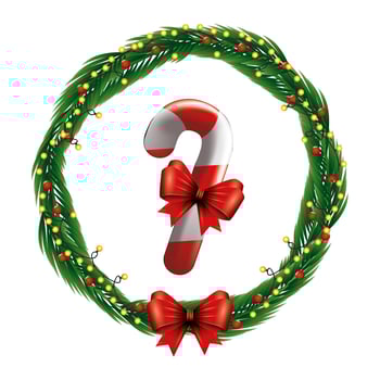 sweet cane christmas with bow ribbon in wreath vector