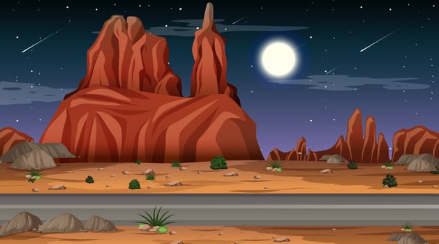 Desert forest landscape at night scene with long road vector