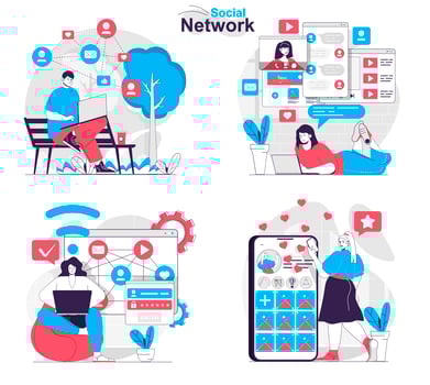 Social network concept set people isolated scenes in flat design vector