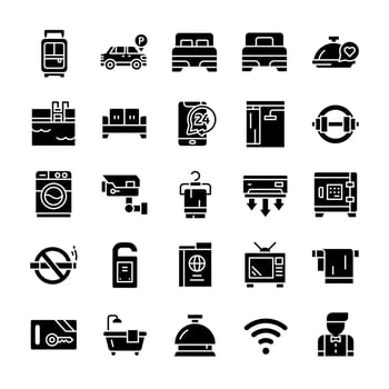 Set of Hotel icons with glyph style. vector