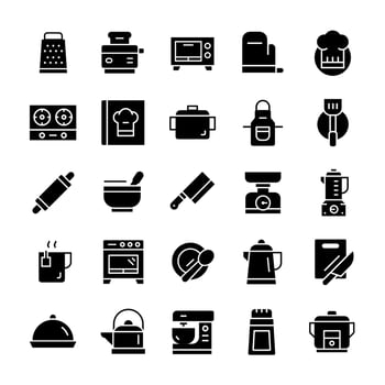 Set of Kitchen icons with glyph style. vector