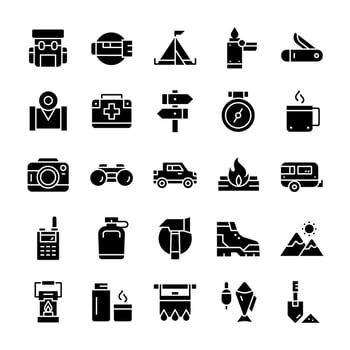 Set of Hiking Camping icons with glyph style. vector