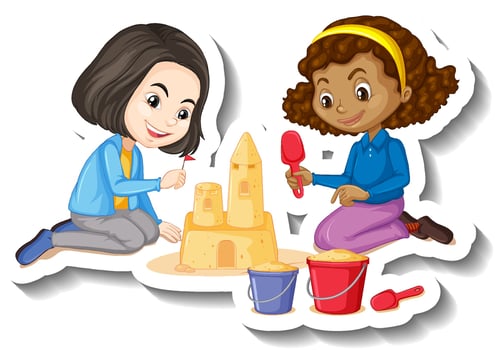 Two girls building sand castle cartoon character sticker vector