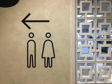 A sign that shows the way to the bathroom in a mall. photo