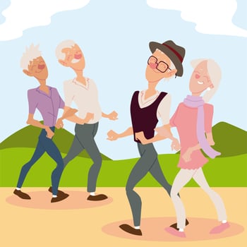 seniors active, old couples walking in the park vector