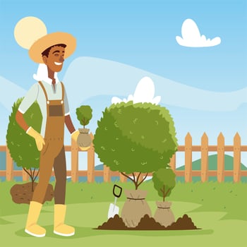 gardening, man with shovel working in the garden and digs ground vector