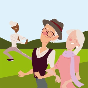 seniors active, happy old woman practicing yoga and old couple walking vector