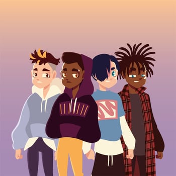 group of teenage friends hairstyle fashionable clothes, young culture vector