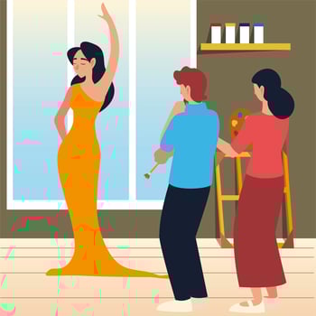 paint class art, man and woman looking a female model in the studio vector