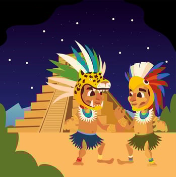aztec warriors with feathered headdress and pyramid night scene vector