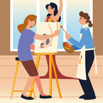 paint class art, teacher man and student woman painting a female model vector