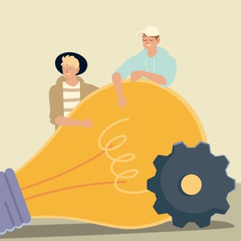 young men characters with bulb and gear vector