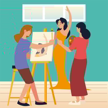 young women painting with brush on canvas in a studio a model female vector