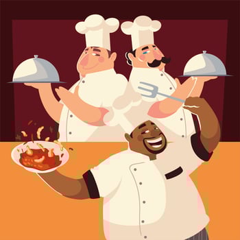 chef group with soup and platter restaurant preparing food service vector