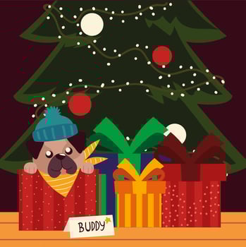 merry christmas puppy with hat in the box gifts and tree celebration vector