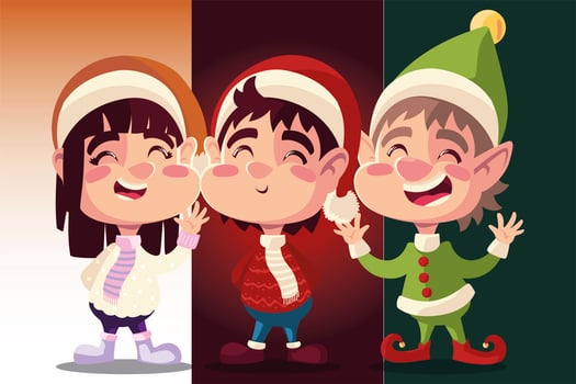 merry christmas cute helper girl and boy with winter hat cartoon vector