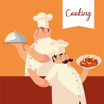 chefs with silver platter and soup worker professional restaurant vector
