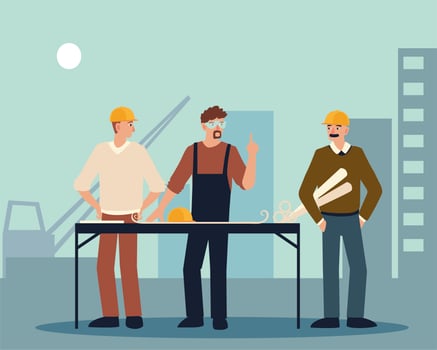 builder and architects male in the construction place with blueprints vector