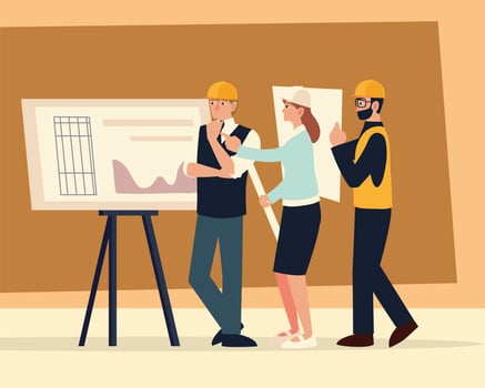 builders and architects, workers with blueprint in meeting office vector