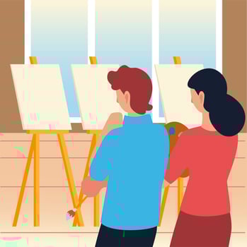 paint class art, man and woman looking an empty canvas in studio vector