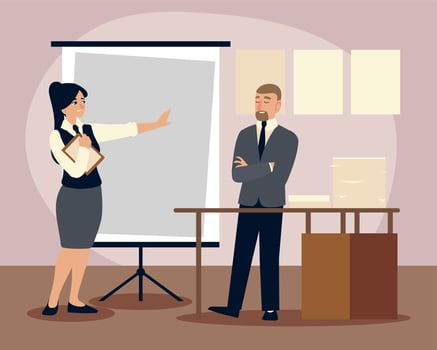 business people, business man and woman with board presentation plan vector