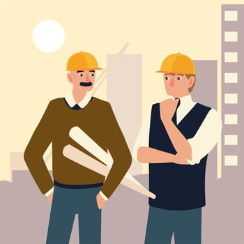 men and architect in helmet holding rolls blueprints planning project vector