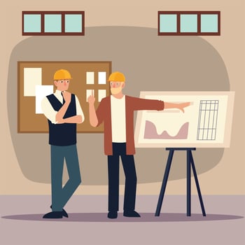 builders and architects, young architect explaining building vector