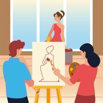 paint class art, male and female students with brush painting a model vector