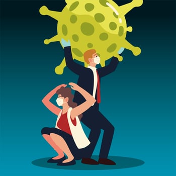 covid 19 virus protection businesswoman and businessman with masks vector