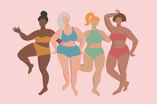 Group of four women with different skin tones and hair colors vector