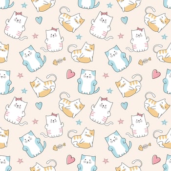 Cute cats seamless pattern cartoon funny character drawing vector