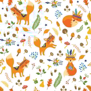 Vector seamless pattern with cute tribal foxes, autumn floral elements