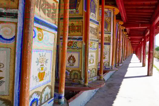 Prayer wheel in Arou Da Temple in Qinghai China. photo
