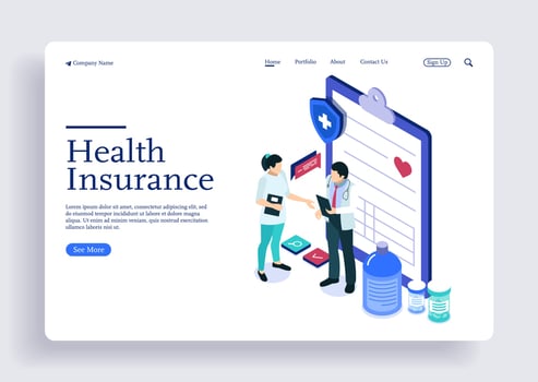 Isometric concept doctor and nurse discussing about health insurance vector