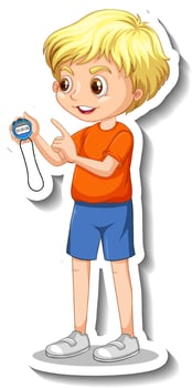 Cartoon character sticker with sport coach boy holding a timer vector