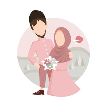 islam wedding couple wit bouquet of flower vector